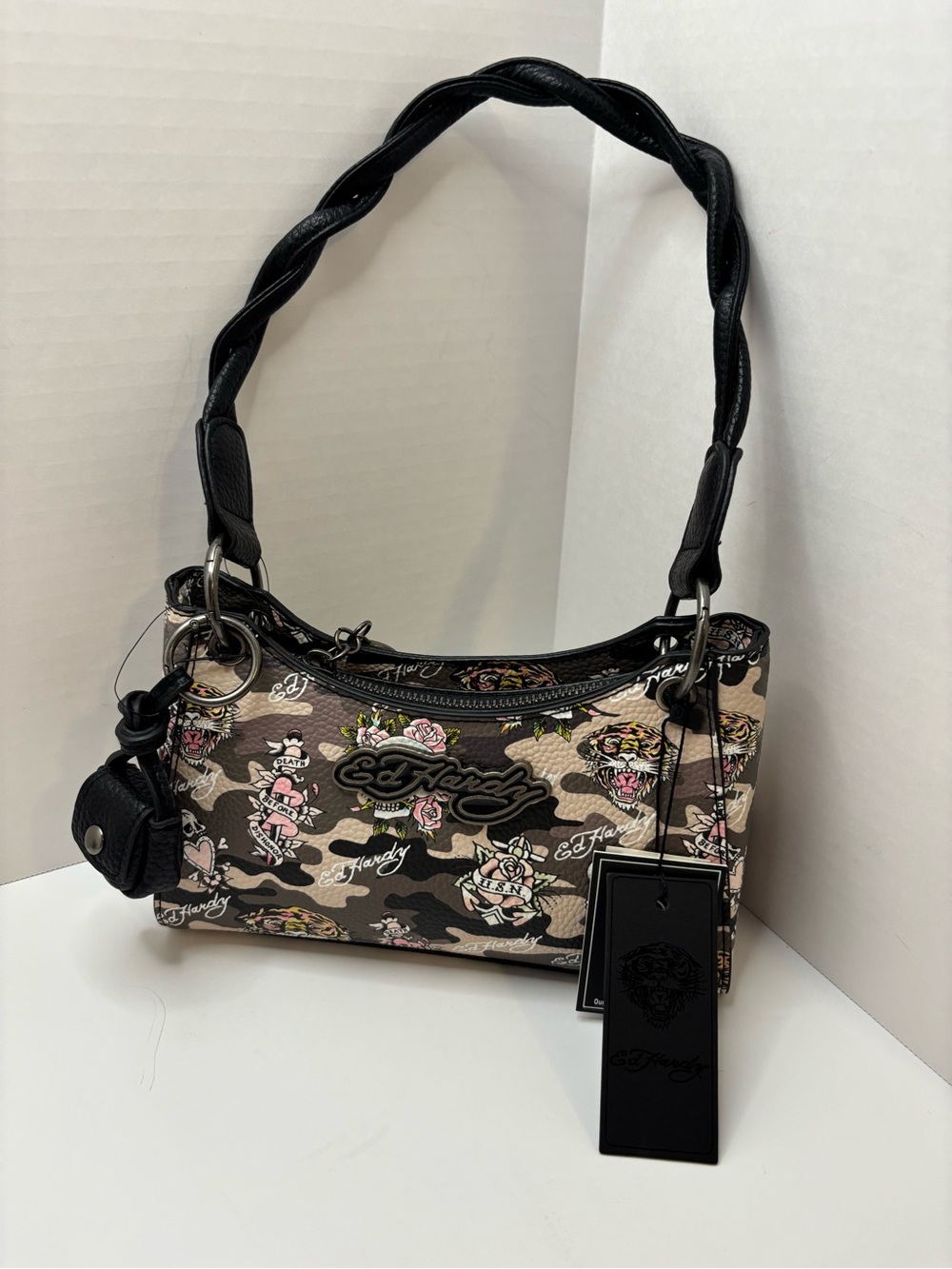 Ed Hardy Black/Beige Camo w tiger’s Tattoo-Print Shoulder Bag
